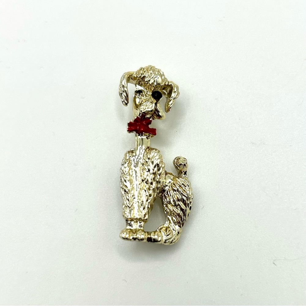 Vintage 1970s Gold-tone Poodle Brooch with Red Collar
